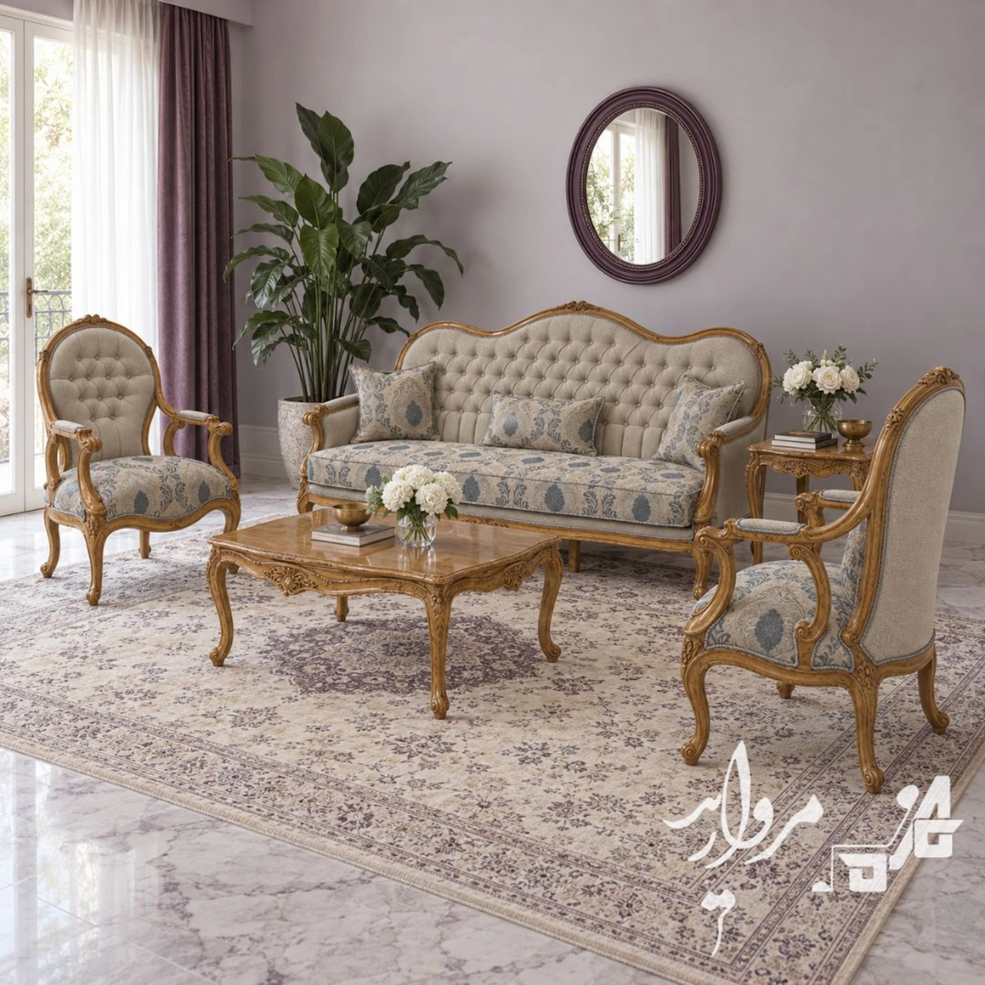 اسکلتِ راش با رنگِ فندقی و پرداختِ نیمهمات؛ منبتِ دسته و پایهٔ کابریول به سبکِ لویی پانزدهم — مبل کلاسیک مدل رویا مروارید.