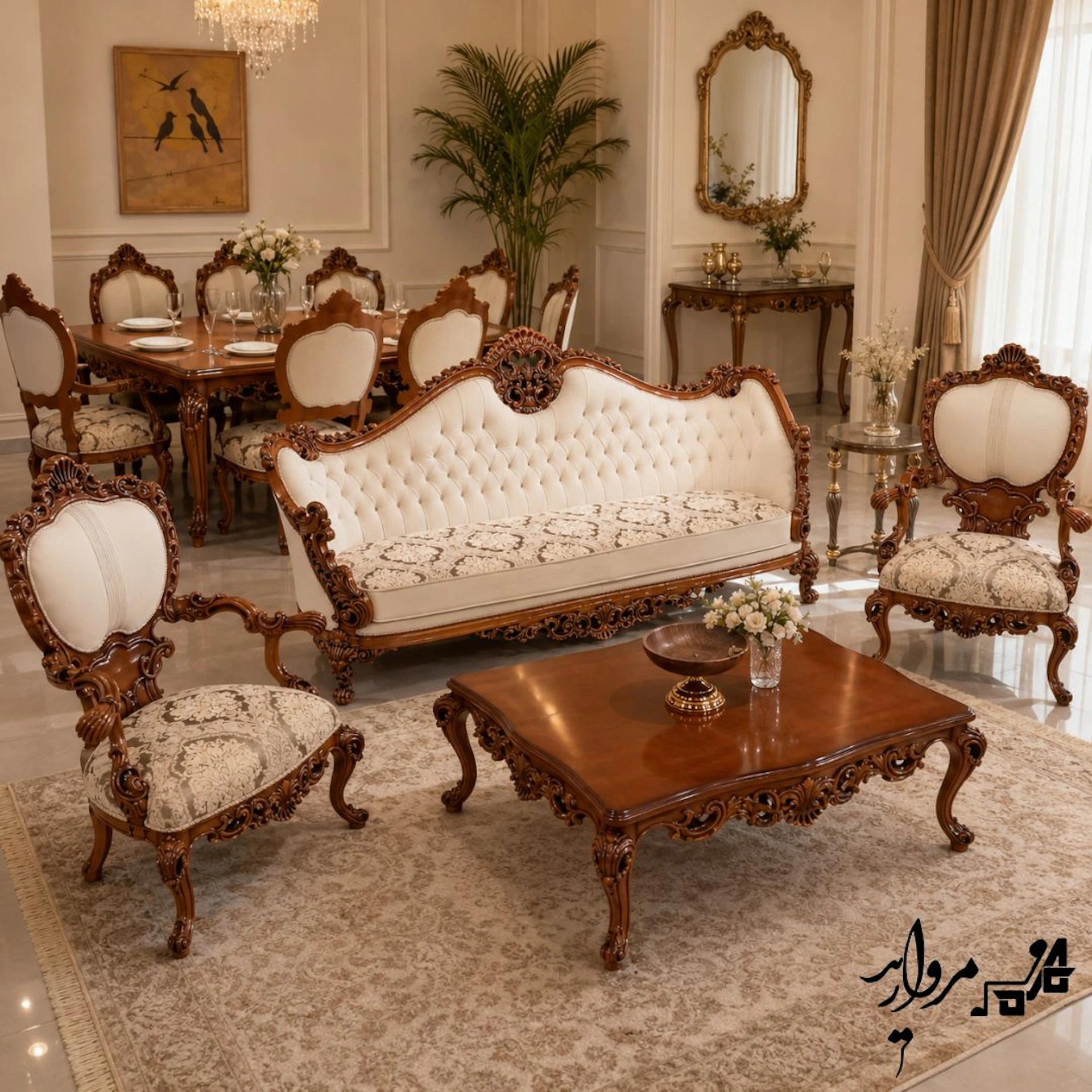 چیدمان پذیرایی و ناهارخوریِ مبل کلاسیک پاروک در یک سالن روشن