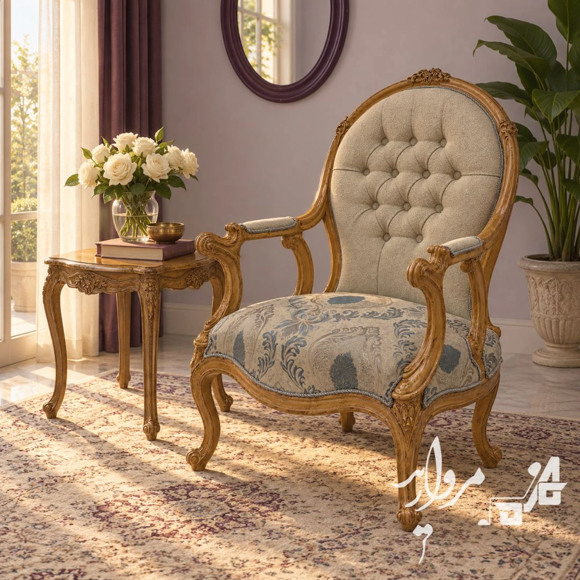 مبل تک‌نفرهٔ کلاسیک رویا با پشتیِ کاپیتونهٔ کرم و دستهٔ چوبیِ منبت، کنارِ میز عسلی و گلدان در نورِ عصر