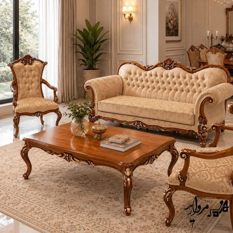 مبل کلاسیک مدل زرین تخت کرم | ست مبلمان سلطنتی مروارید