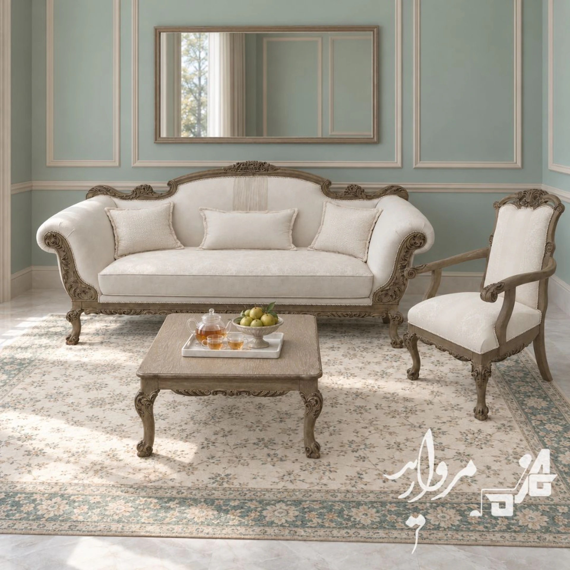 مبل کلاسیک مدل آناهیتا از مبلمان مروارید؛ کاناپهٔ سه‌نفره و مبل تک‌نفره با پشتیِ پارچه‌ایِ شیری کنارِ میز جلومبلیِ مربع، با فریمِ منبتِ چوبِ راشِ گریژ